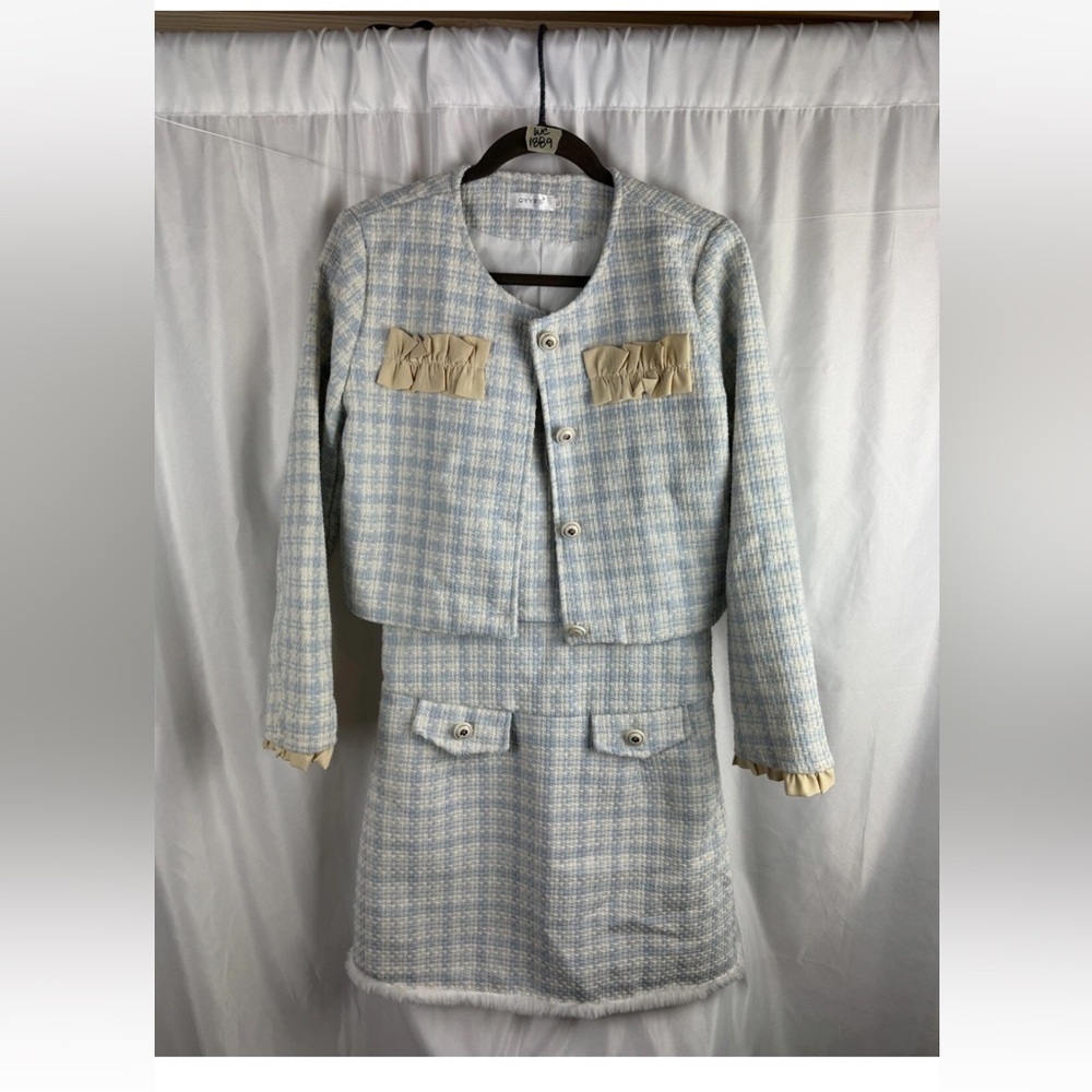 QYYFS Faux Tweed/Fur Suit Dress WOMAN XL Blue Houndstooth Long Sleeves Zipper
